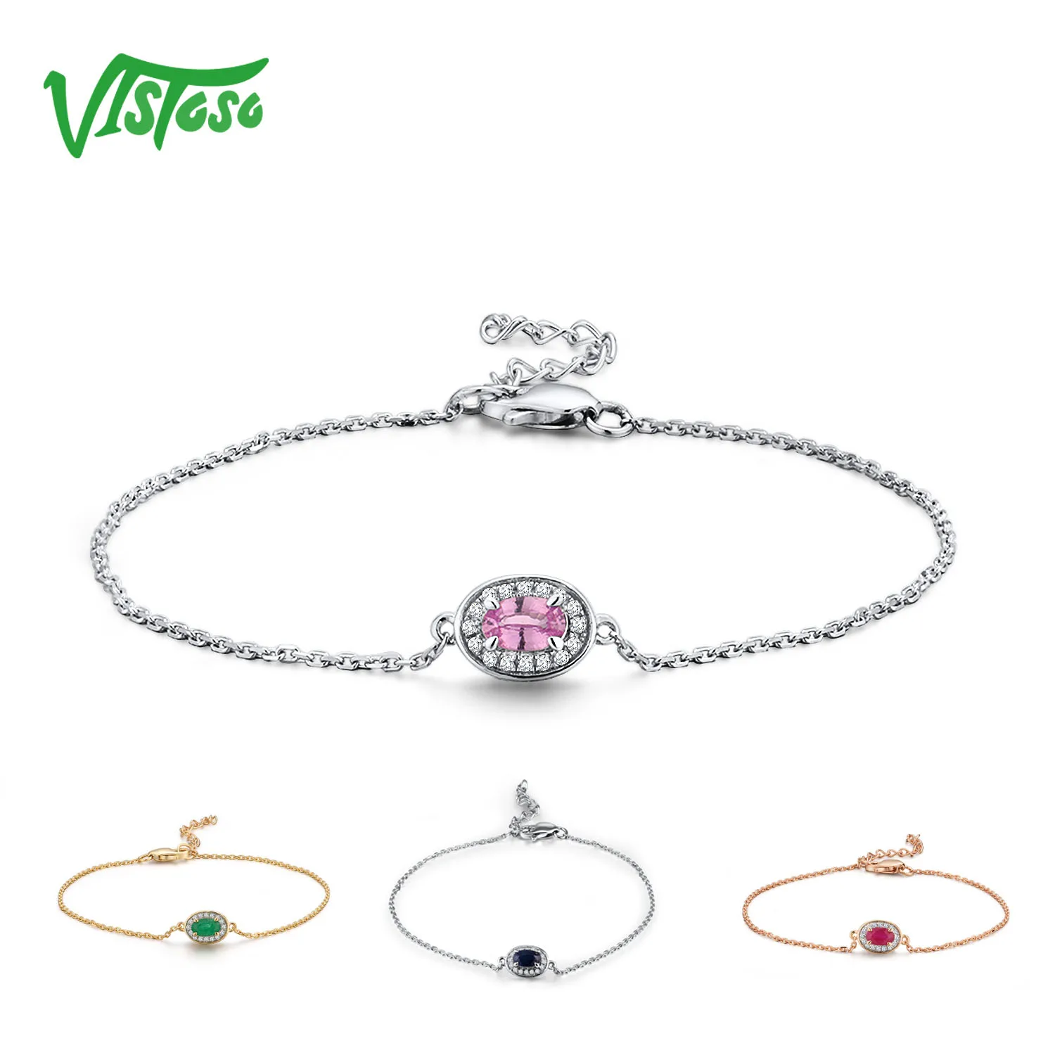 

VISTOSO 14K W/Y/R Gold Bracelets For Women Fancy Pink/Blue Sapphire/Emerald/Ruby Shiny Diamond Bracelet Anniversary Fine Jewelry