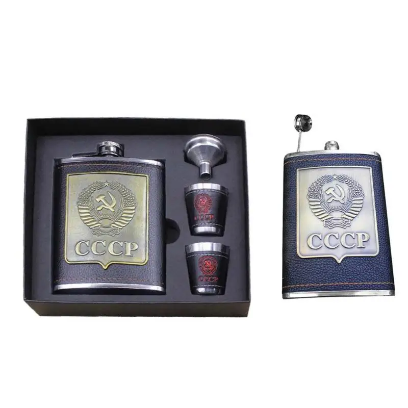 8oz حاوية ستانلس ستيل للكحوليات الورك قوارير ويسكي زجاجة نبيذ قمع أكواب زجاجة أطقم Cccp النقش الكحول الحاويات مع صندوق