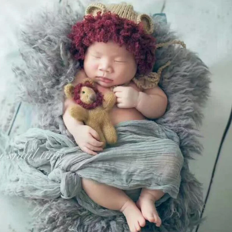 

Cream Knitted Newborn Baby Boy Lion Hat Toy Set Infant Teddy Bear Bunny Outfit Photography Prop Stuffed Animal Photo Accessories