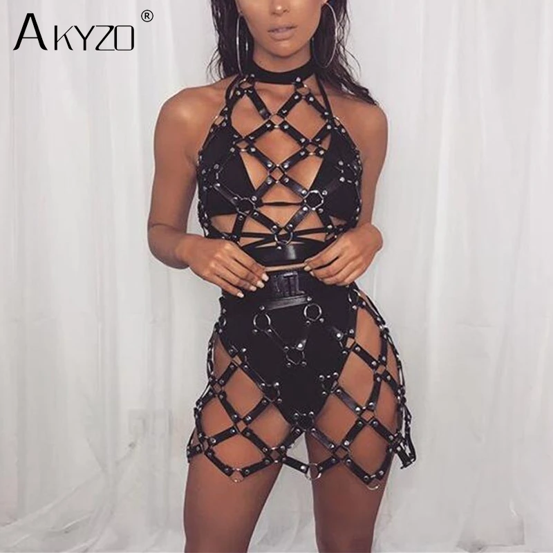 AKYZO kobiety szelki PU skóra 2 sztuka zestaw czarny Camis Punk regulowany pas do pończoch drążą tkane pas Backless spódnice