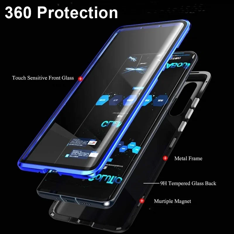 For Huawei Mate 20 Pro Magnetic Case  360 Front and Back Double-sided Tempered Glass Case for Huawei Mate 20 Pro Metal Bumper