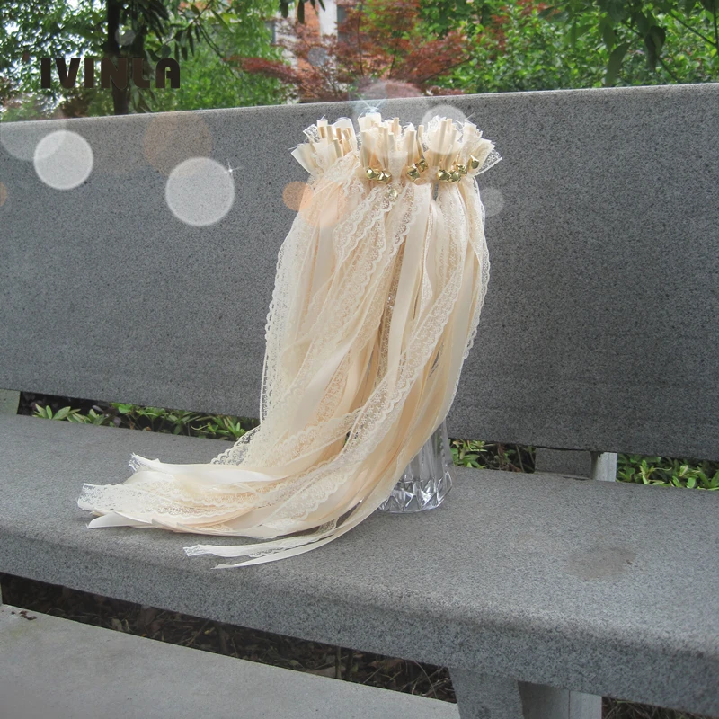 50pcs/lot Cream Lace  wedding ribbon stick wands with gold bell for wedding decoration