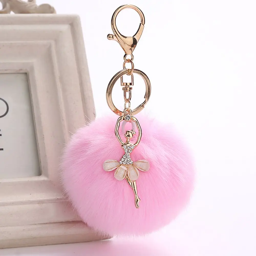 Dancing Angel Cute Fake Rabbit Fur Ball Pompom Keychain Women Bag Cars Dancing Dancer Pendants Fluffy Key Chain Keyring llavero