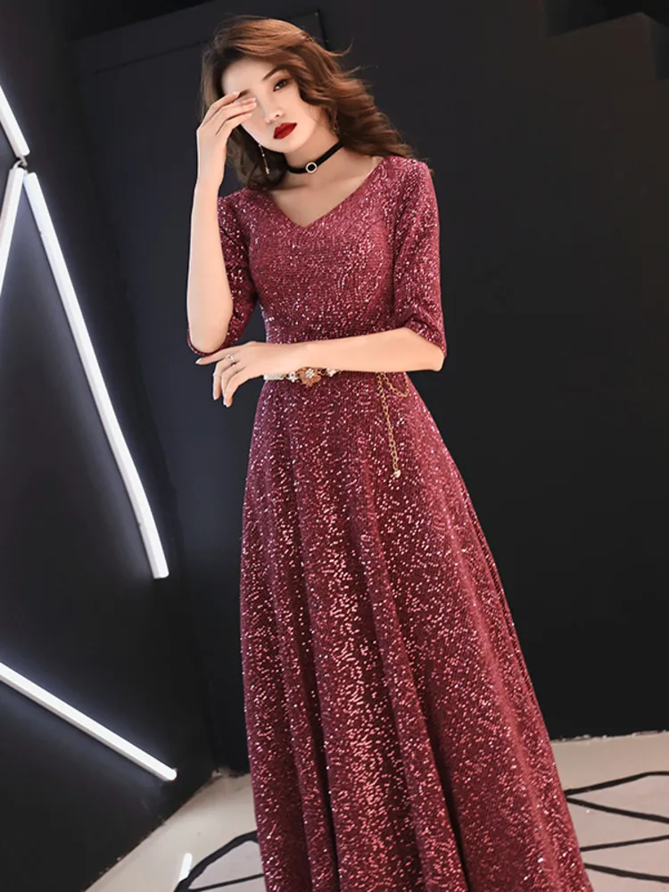 Weiyin – Robe De soirée longue, couleur vin rouge, paillettes, Photos réelles, occasions, WY1233