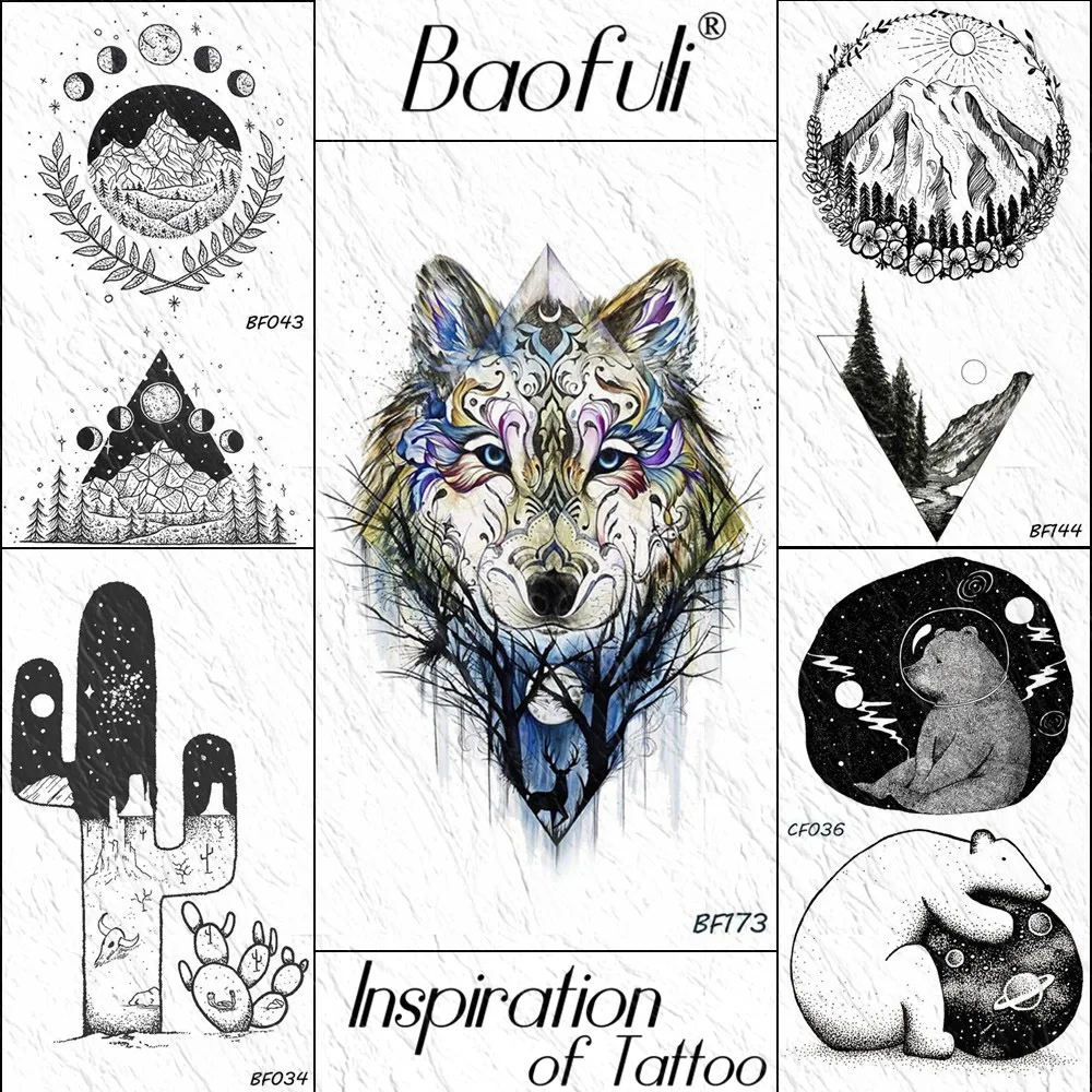 Baofuli Watercolor Wolf Temporary Tattoos For Women Forest Body Art Tatto Waterproof Fake Flash Tattoo Body Arm Cactus Bear Men