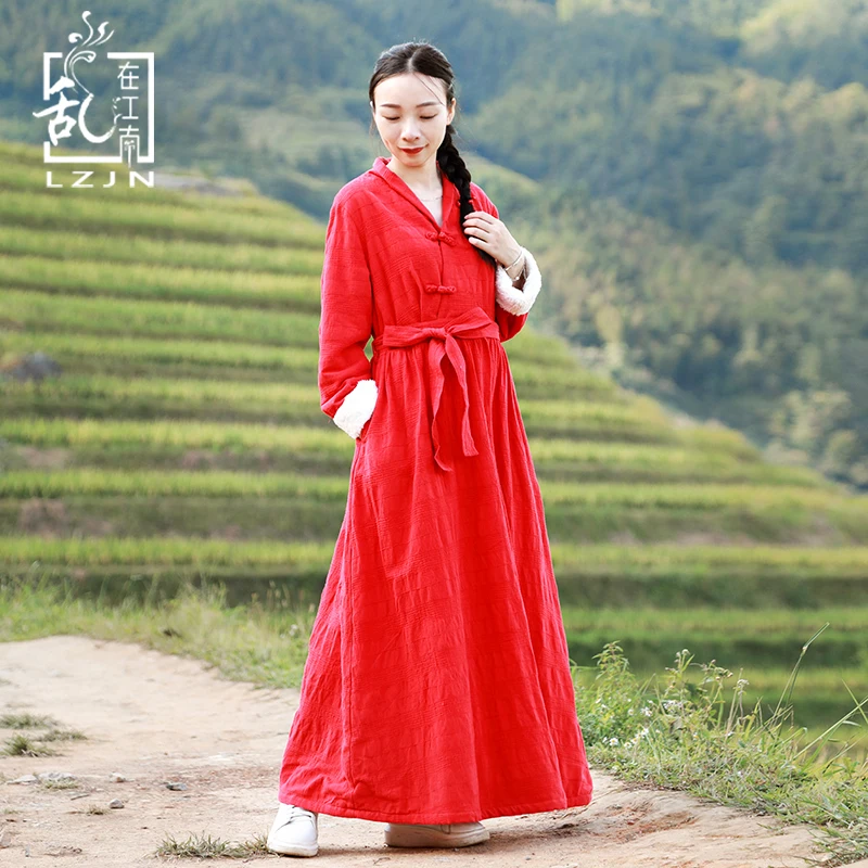 

LZJN Red Maxi Winter Dress Long Sleeve V-Neck Pleated Waist Belt Vintage Robe A Line Ethnic Chinese Warm Black Fleece Dress 2019