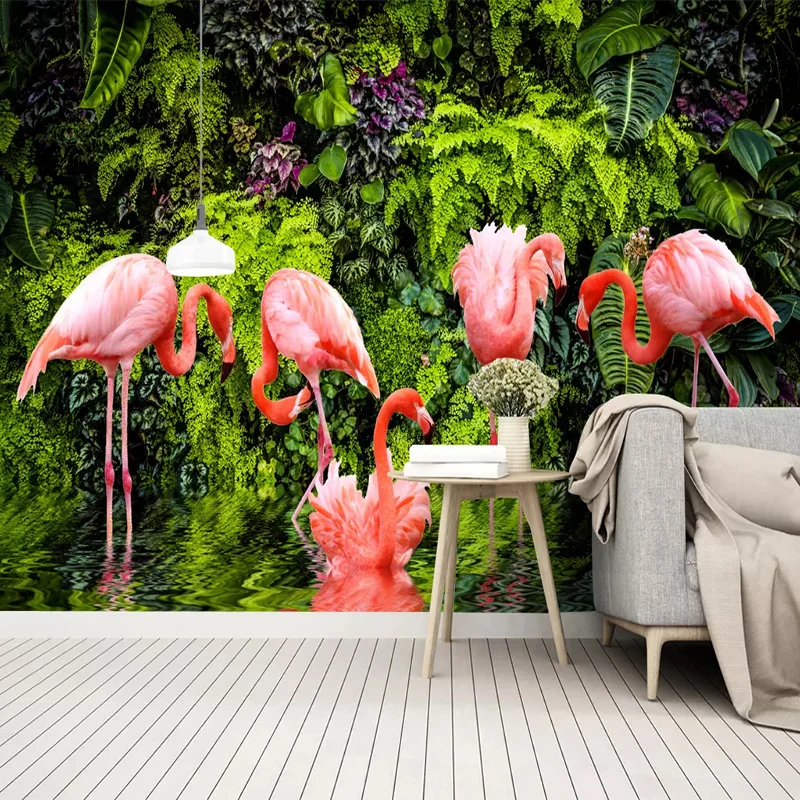 

3D Wallpaper Nordic Small Fresh Tropical Rainforest Banana Leaf Flamingo Wall Paper Roll Living Room Background Wall Cloth Mural