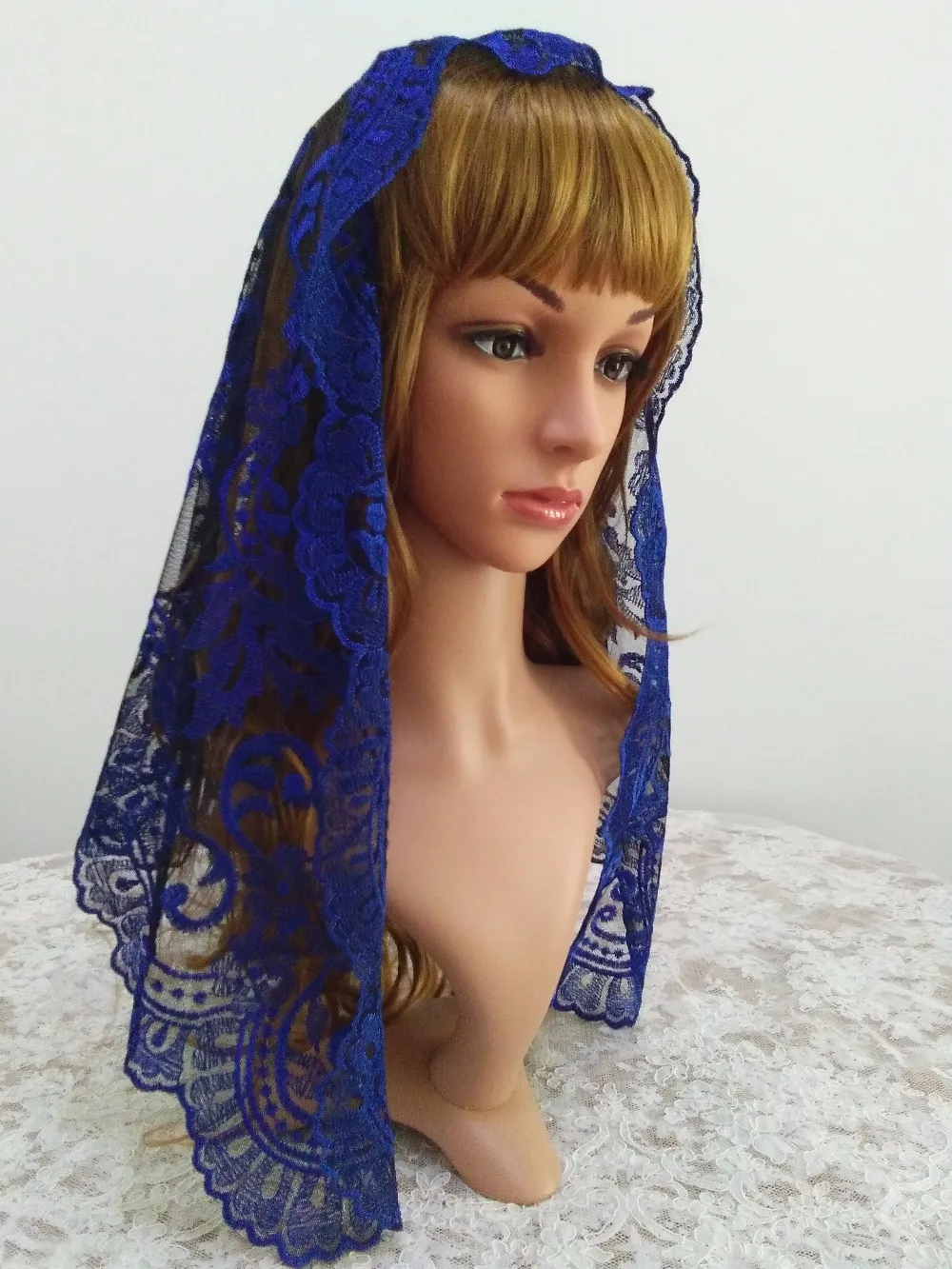 Blue on Black Embroidery Spanish Lace Mantilla Veil ,Chapel Lace Veil Mantilla ,Catholic Lace Veil