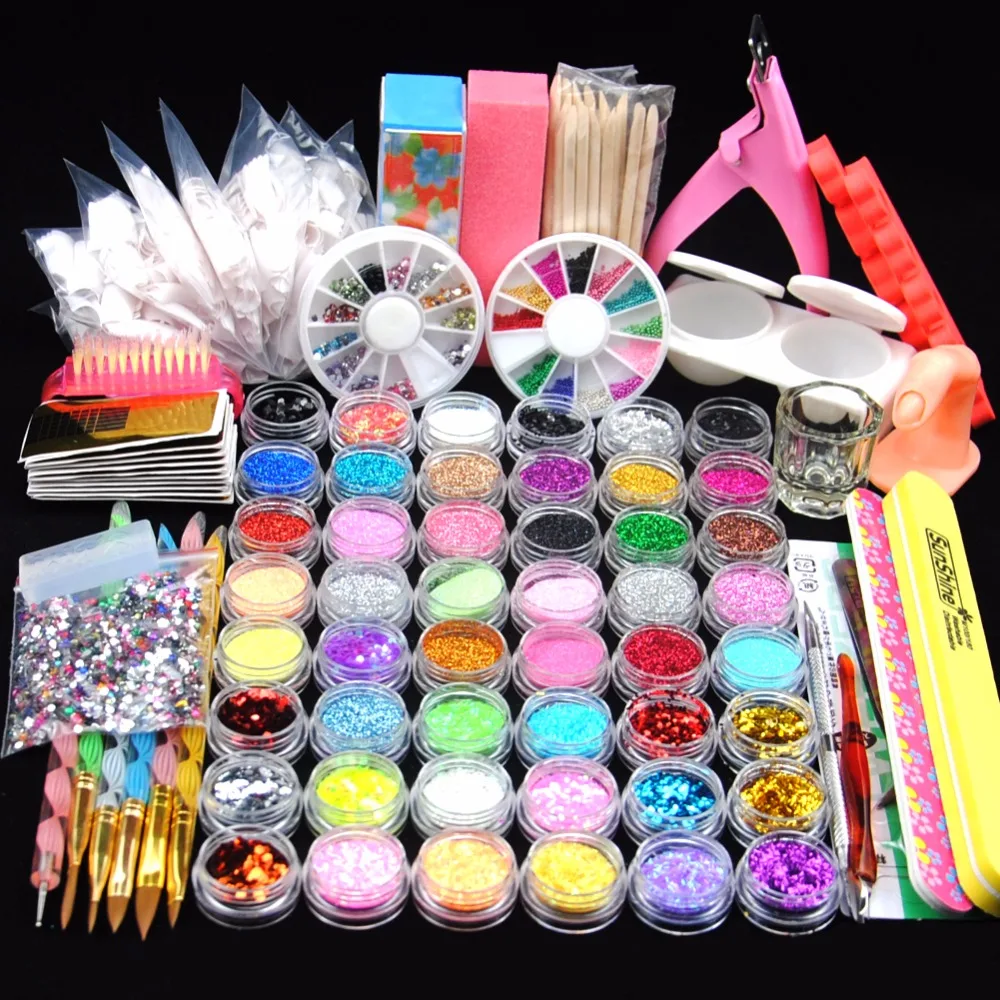 

48 Glitter Powder Manicure Nail Kit Rhinestones 3D Design Acrylic Powder Gel Polish Nail Tips Gems Decoration DIY Nail Tools Kit