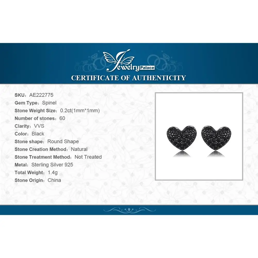 JewelryPalace Love Heart Genuine Black Spinel 925 Sterling Silver Stud Earrings for Women Fashion Statement Gemstone Earrings