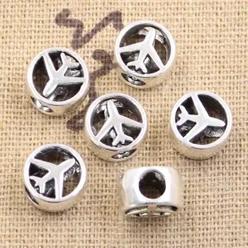 15pcs 11x7x11mm 비행기 비행기 4mm 큰 구멍 골동품 실버 컬러 비즈 매력 Diy 매력 팔찌 쥬얼리 비즈에 적합 