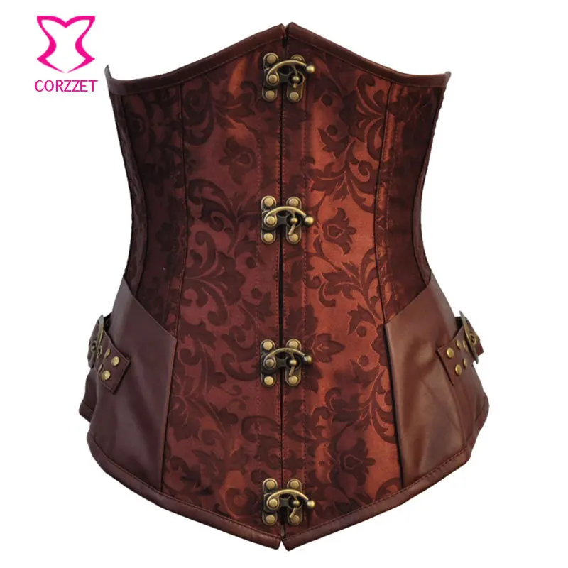 

Brown Brocade Vintage Burlesque Costume Steel Boned Waist Trainer Underbust Corset Gothic Steampunk Corsets Sexy Bustier Women