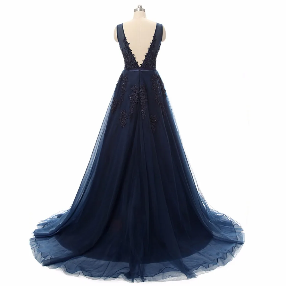 Vestidos de festa Evening Dress Robe De Soiree V Neck with Lace Appliques Long Tulle Party Evening Dresses 2020 Pink Navy Blue