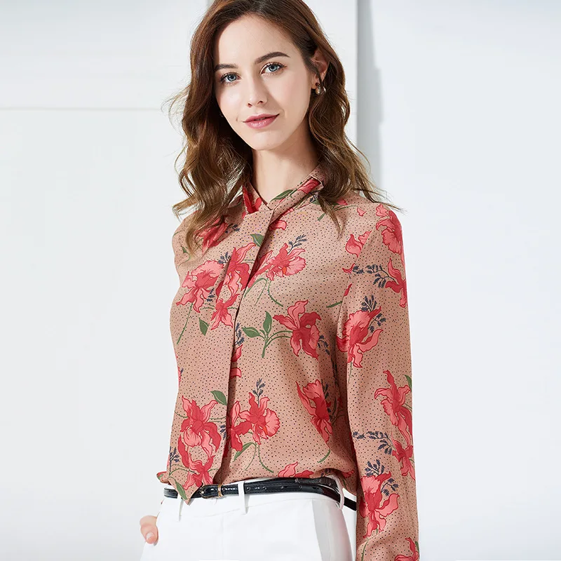 Women's Printing Of High-grade Butterfly-knot 100% Silk Shirts In Europe And America