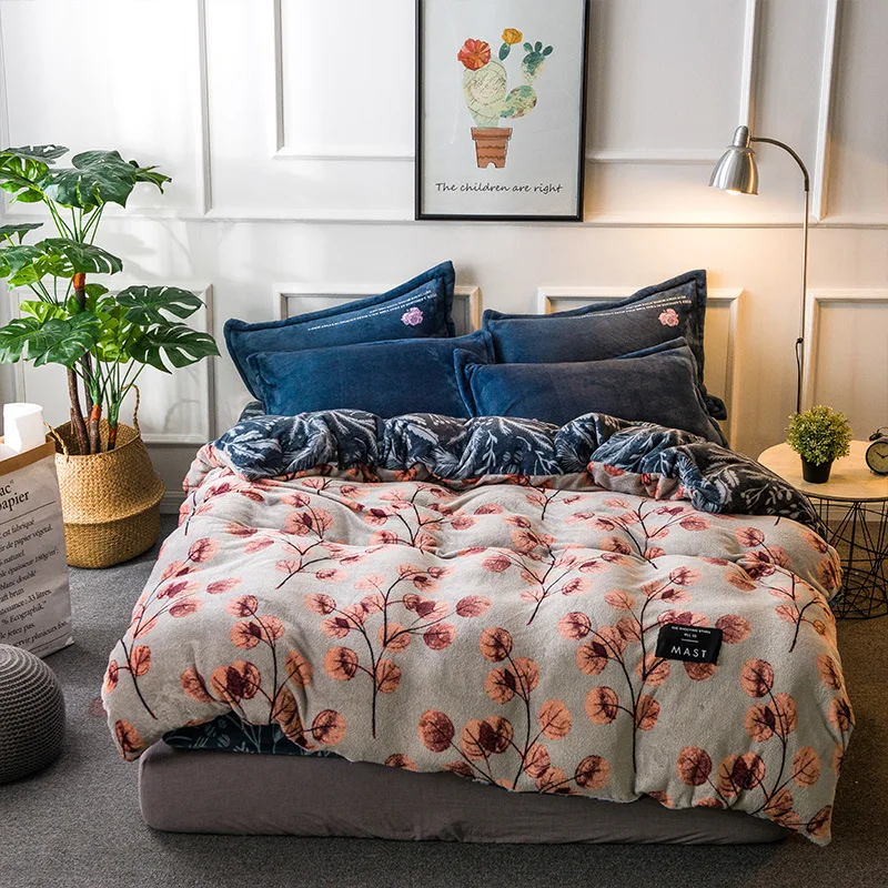 2018 Spring high quality and simple plant bedding set Flannel and Coral fleece bed linen duvet cover sets