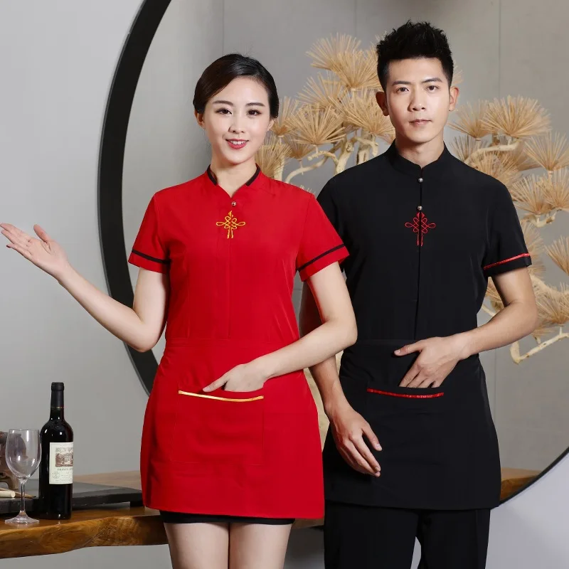 

Hotel Waitress Work Clothes Summer Chinese Restaurant Hot Pot Shop Waiter Coat Overalls Short Sleeves Breathable Uniform H2151