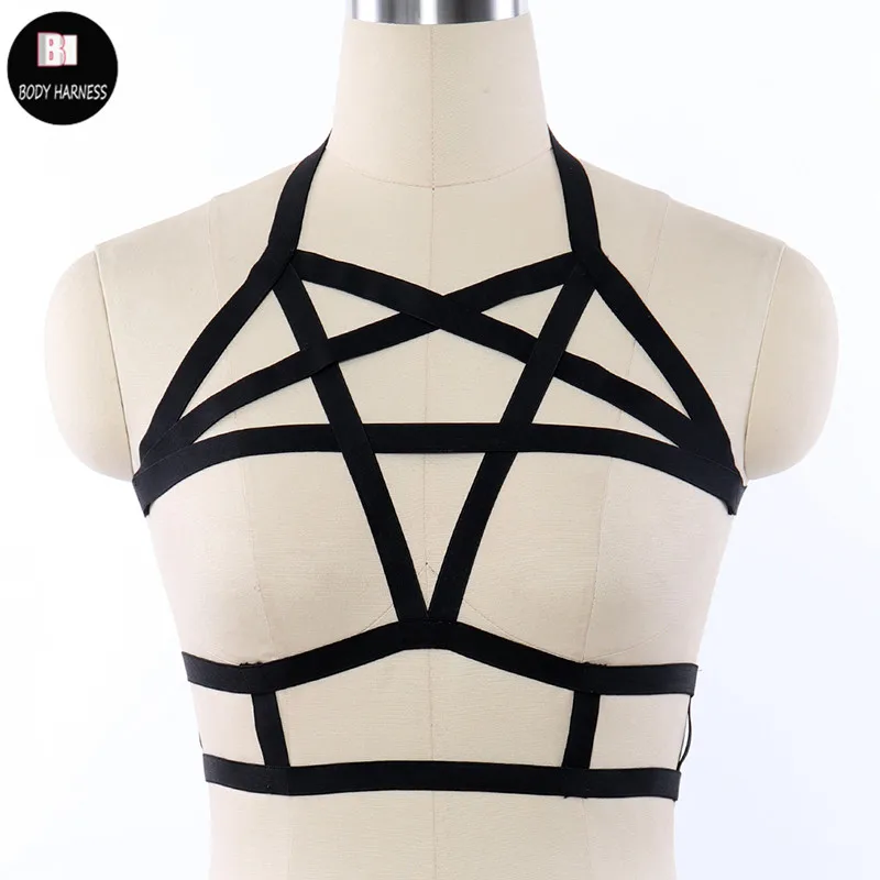 

Women Gothic Fetish Wear Pentagram Body Harness Crop Top Cage Bra Black Pentagram Harness Bra Harajuku Elastic Bondage Belt