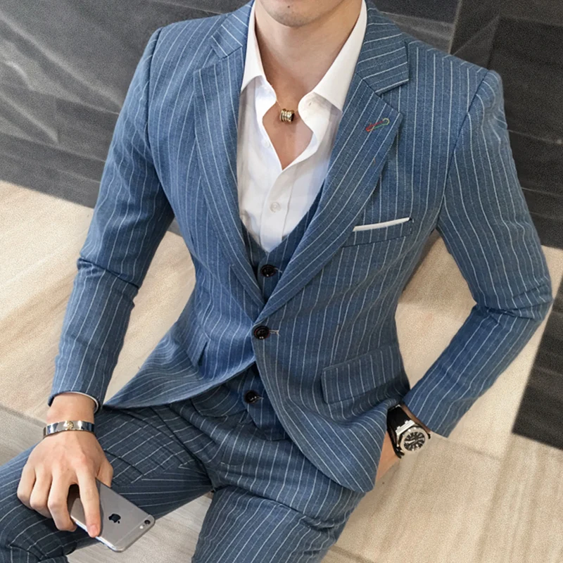 ( Jackets + Vest + Pants ) Men\'s Fashion High-grade Business Striped Suit Three-piece Men Wedding Dress Smart Suit Blazers