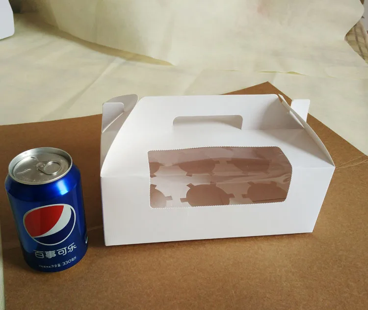 50pcs 23.5*15*9cm 6 grid White cardboard Paper Muffin window Box with Handle For Candy\Cake\Dessert \party Packing boxes