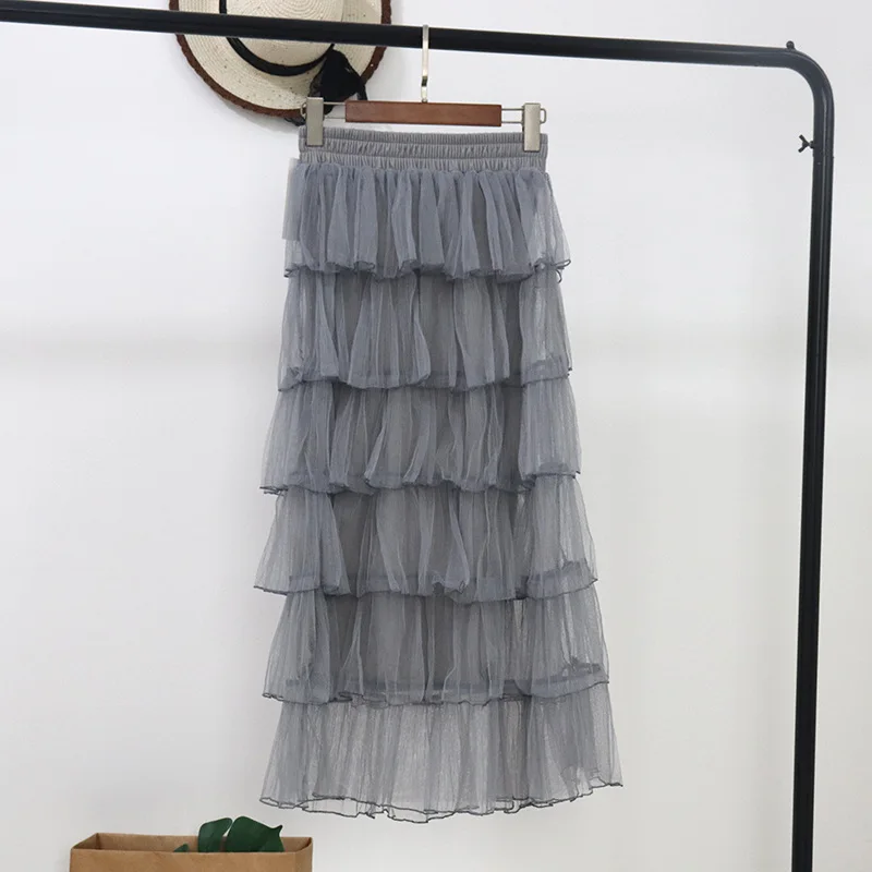 Zuolunouba 2019 New Summer Half-length Skirt Female Gauze Fairy Cake Skirt Women With High Waist Casual Lace Skirts Empire