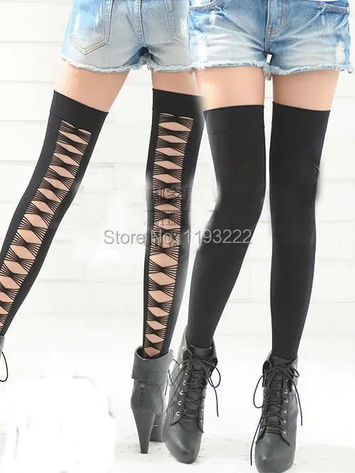 Black Women Punk Gothic Rock Criss Cross Cotton Opaque Hollow Out Thigh High Stockings Tights