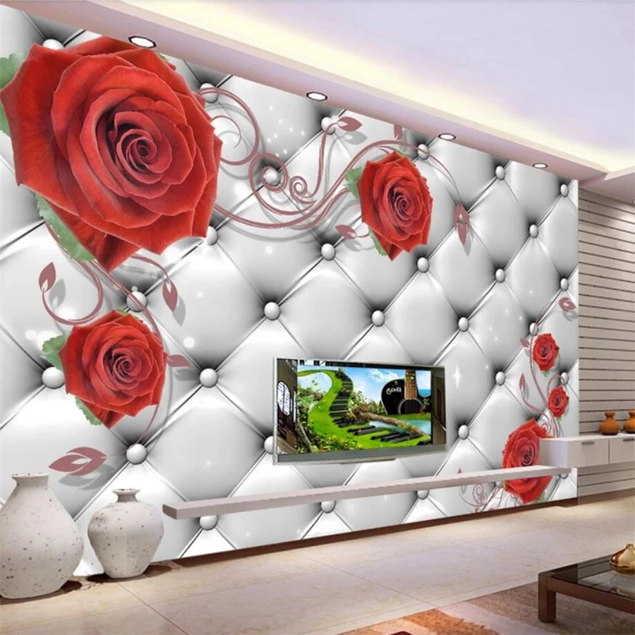 beibehang Custom wallpaper soft bag red rose stereo photo mural 3D background wall painting Living room bedroom wallpaper mural