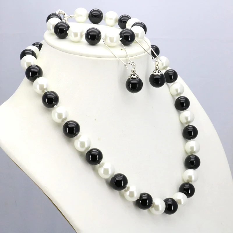 

Black&white glass pearl necklace set 12mm necklace 18"bracelet 7.5" earring women fashion elegant jewelry making design gift