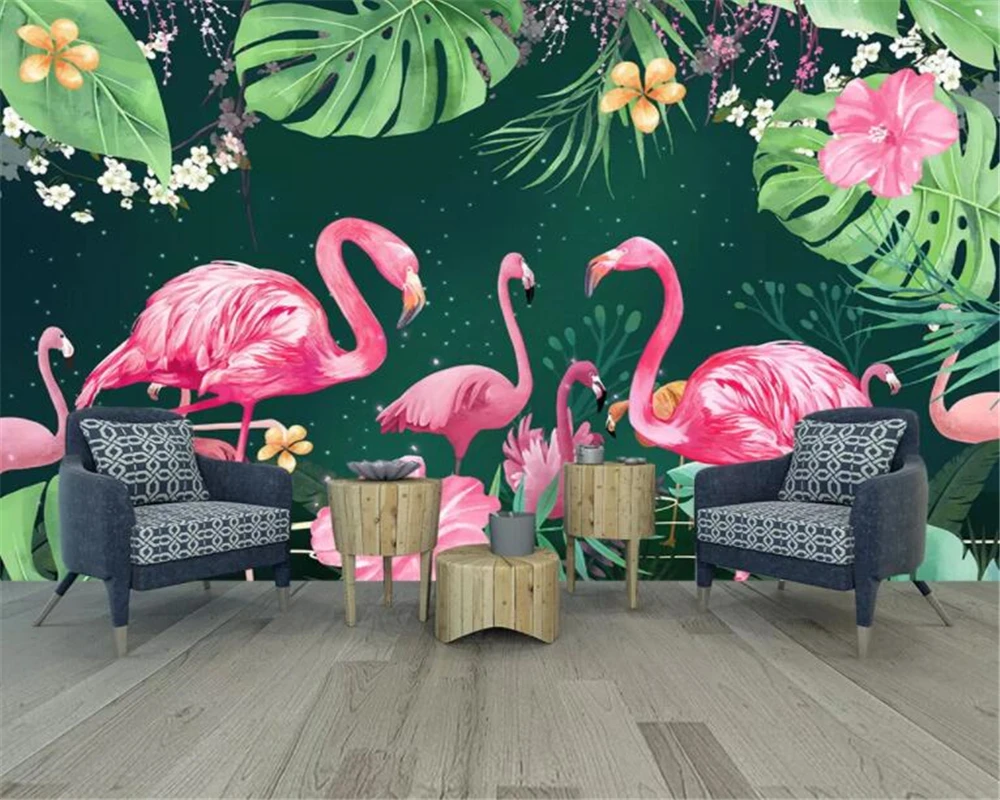 

Beibehang Custom Wallpaper Flamingo Southeast Asia Banana Leaf Fashion Decorative Living Room Bedroom Background 3D Wallpaper