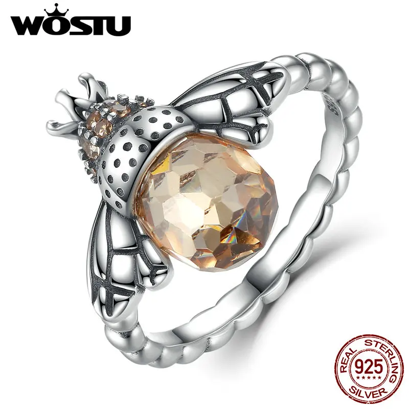 WOSTU Hot Authentic 100% 925 Sterling Silver Queen Bees Yellow CZ Crystal Rings for Women Wedding Jewelry Accessories CQR025