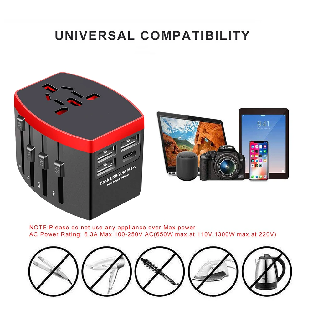 Rdxone Travel Adapter International Universal Power Adapter All-in-one USB C Port Worldwide Wall Charger for UK/EU/AU/US