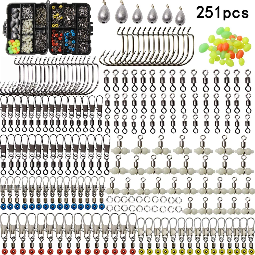 

251Pcs/Box Fishing Accessories Tackle Kit Including Jig Hooks Swivel Snaps Sinkers Split Rings Beads For Freshwater Salt