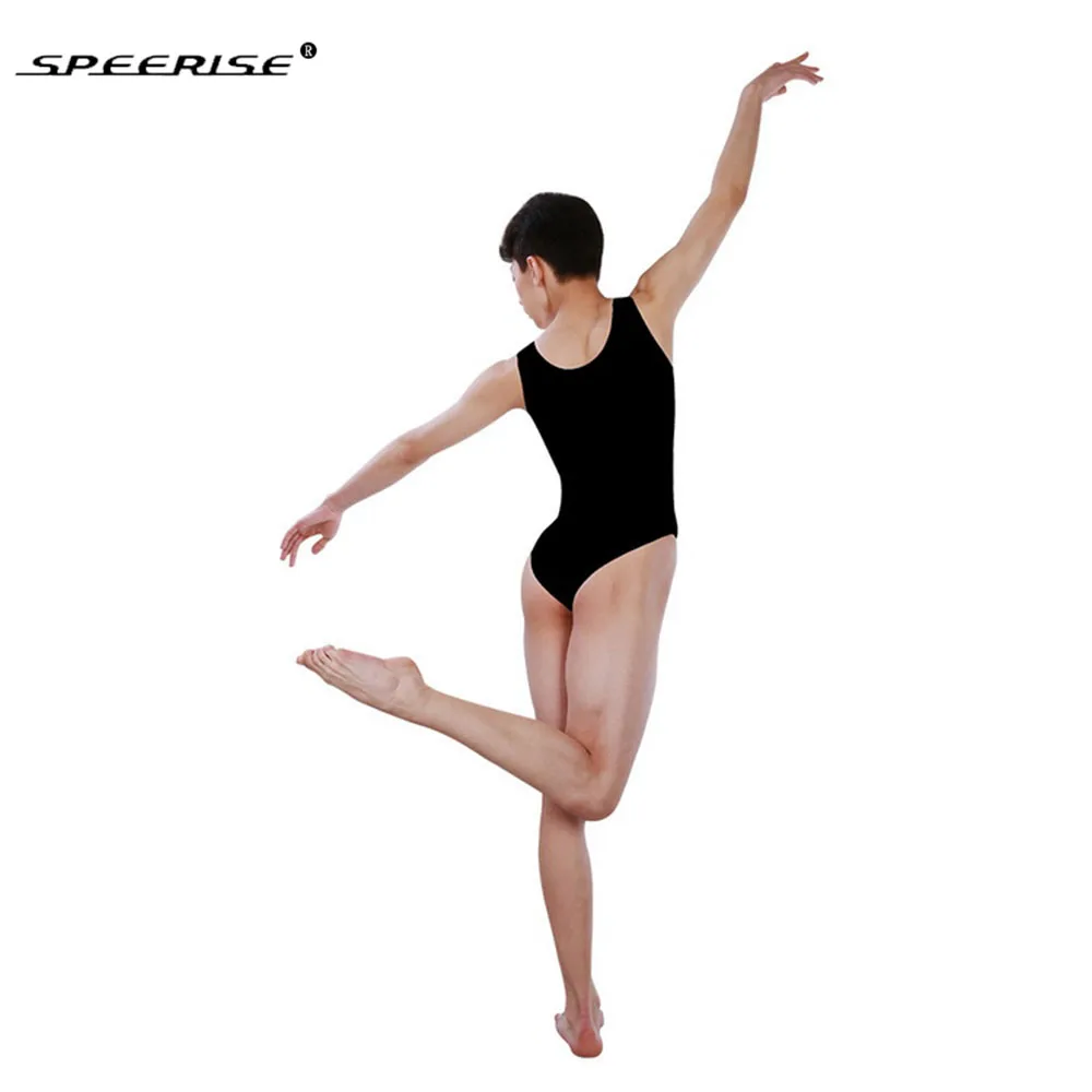 SPEERISE Mens Bodysuit Black Ballet Sleeveless U- Neck Leotard Nylon Backless Unitard Dancewear Gymnastics Leotard For Sale