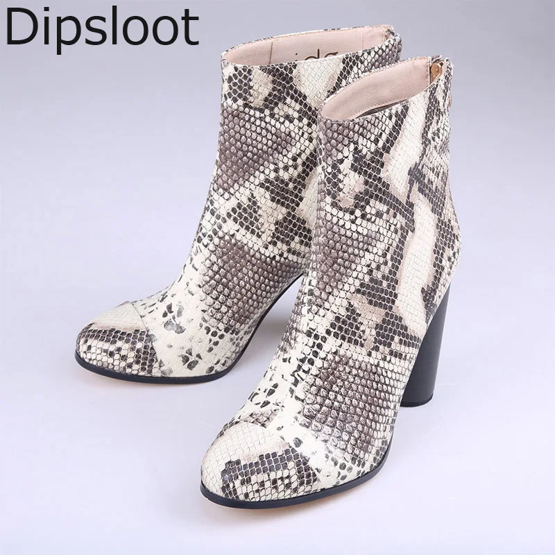 Ladies Python Leather Ankle Boots Plush Inside Winter Women Round toe Chunky High Heels Warm Snakeskin Leather Short Bottines