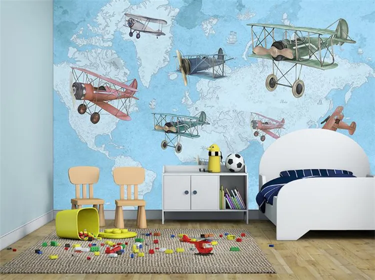 Hand-painting Vintage Airplane Map 3d Wall Photo Cartoon Mural Wallpaper for Baby Kid Room Large 3d Wall Mural Papel