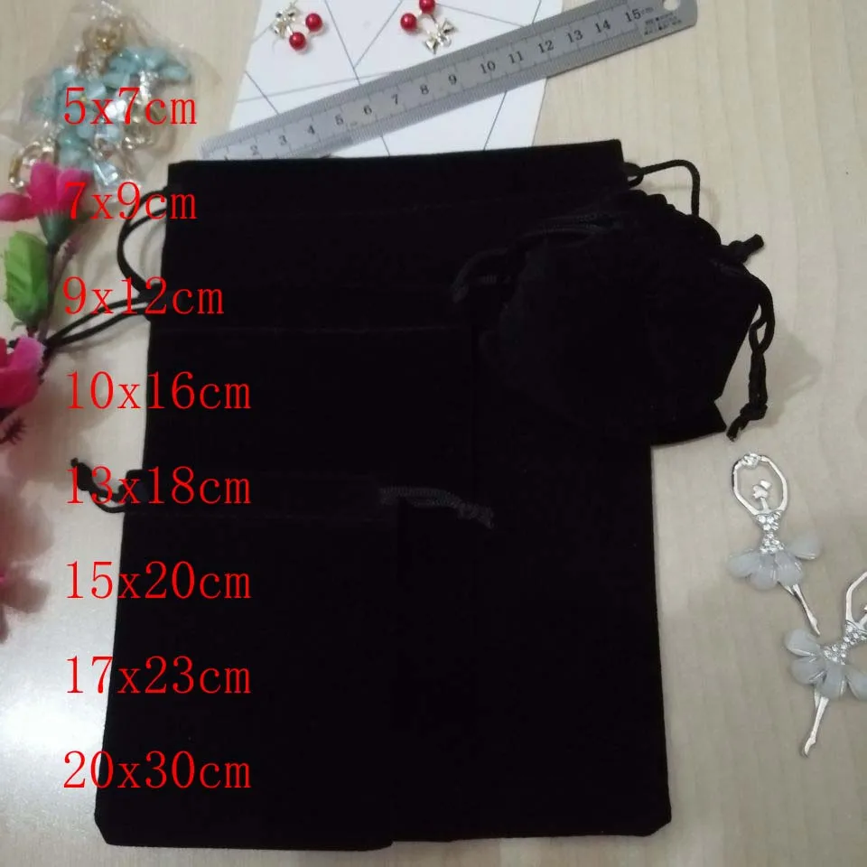 Hot 100pcs/Lot Black Velvet Bags For Gifts 7x9 9x12 10x16 13x18cm Jewelry Drawstring Bags Wedding Christmas Gift Packaging Bags