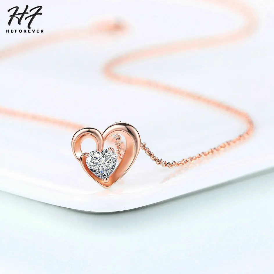 Romantic Lovely Heart Wedding Pendant Necklaces for Women Rose Gold Color AAA+CZ Fashion Jewelry Xmas Gift N056