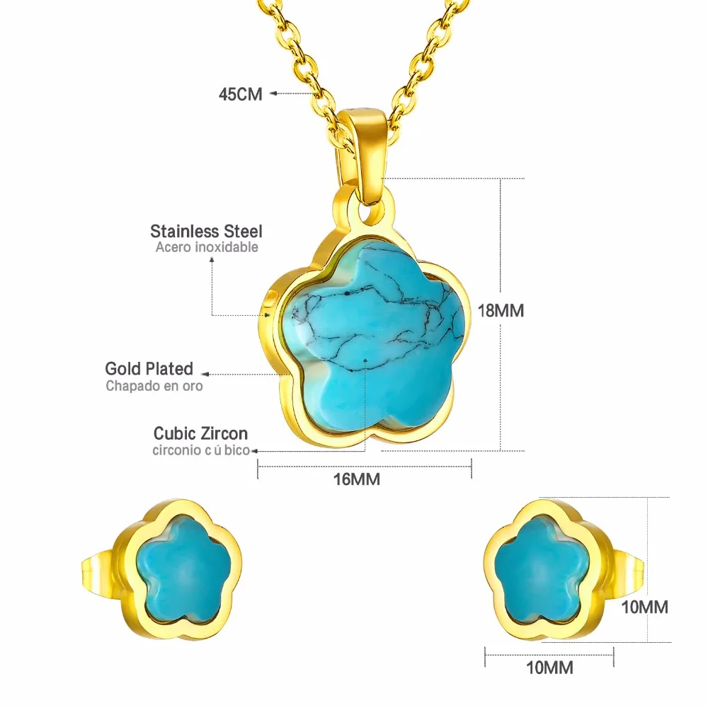 LUXUSTEEL set stainless steel Mujer 2020 Stainless Steel Blue Flower Shape Stone Pendant Necklace Earrings Brinco Party