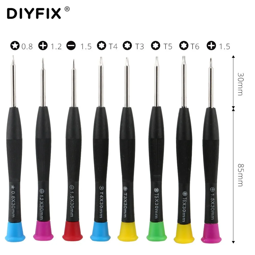 

DIYFIX 8 in 1 Screwdriver Set 0.8 Pentalobe 1.2 Phillips 1.5 Cross 1.5 Flatted T3 T4 T5 T6 for Mobile Phone PC DIY Repair Tools