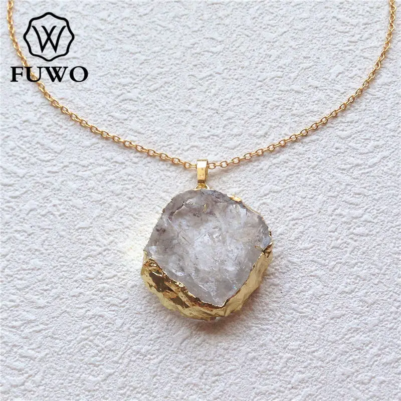 FUWO Wholesale Rough Round Crystal Quartz Necklace With Golden Filled Brass Chain Fashion Raw Clear Quartz Jewelry NC059