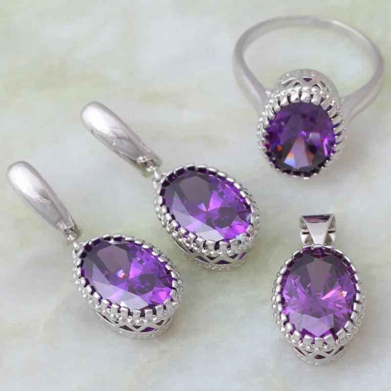 Purple Crystal Purple Cubic Zirconia Silver Color Pendants/Ring/Earrings Womens Jewelry Set Size 6 7 8 9 S271