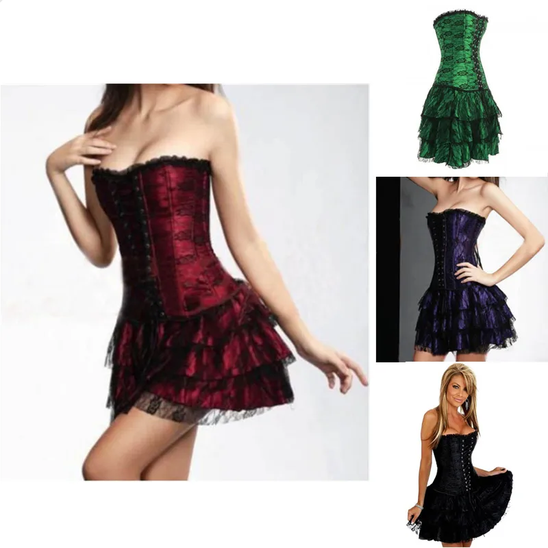 Hot Sale Fashion 4 Color Lace Floral Sexy Overbust Corset And Tutu Skirt Set Plus Size S-6XL For Women