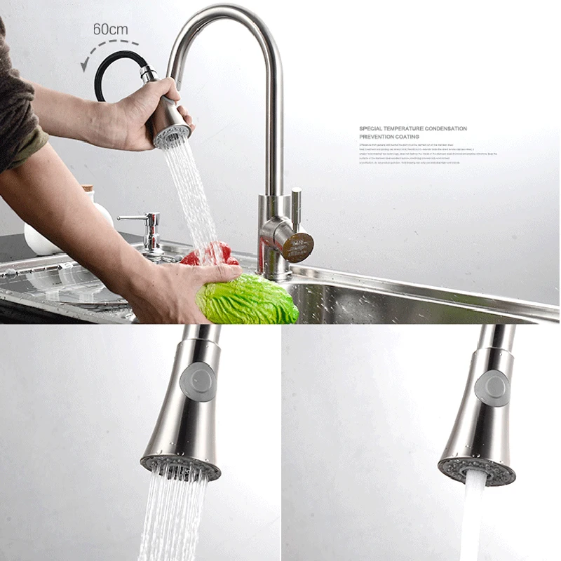 SUS304 Stainless Steel Kitchen Pull-out  Faucet Water Sink Mixer Set