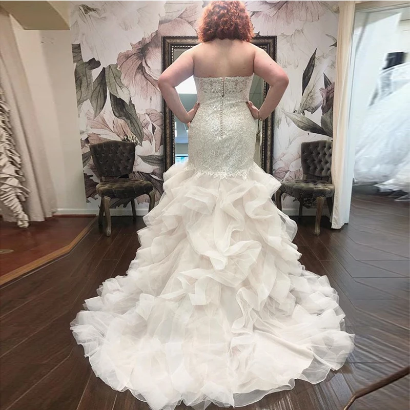 Plus Size Mermaid Wedding Dress Sweetheart Appliques Beaded Tiered Skirt Vestido De Novia Tulle Bridal Gowns Robe De Mariee 2019