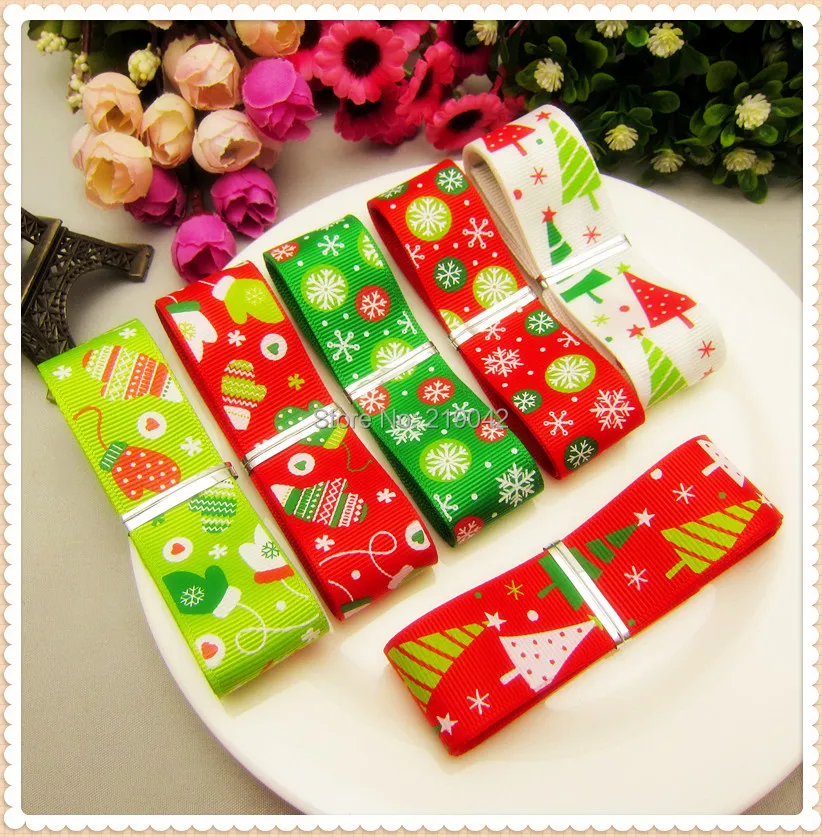 1472045 ,25mm 12 yards 6 color mix Christmas Series printed grosgrain ribbon,Clothing accessories,DIY jewelry wedding package