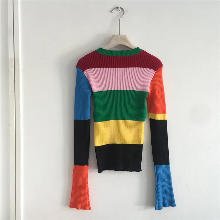 Sun Flower Knitted Sweater Autumn Winter Rainbow Color Stripe Cropped Sweater Blusas De Inverno Feminina Vintage Pullover Jumper