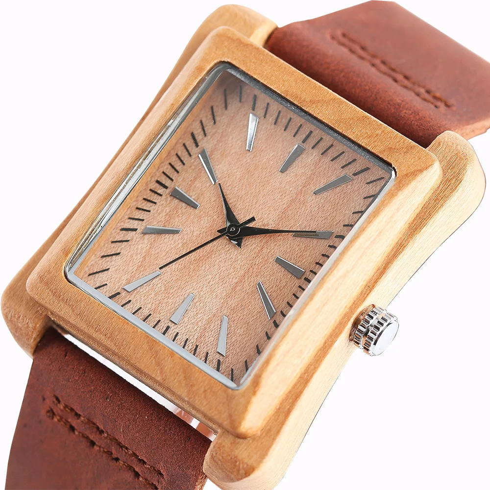 Special Watch Men Nature Log Wooden Rectangle Quartz Wristwatches Modern Genuine Leather Strap Wood Casual Bamboo Women Clock