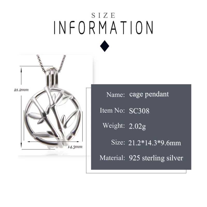 CLUCI 925 Sterling Silver Women Pendant Jewelry Solid Round Shape Cage Pendant Bamboo Hollow Silver Pendant Pearl Locket SC308SB