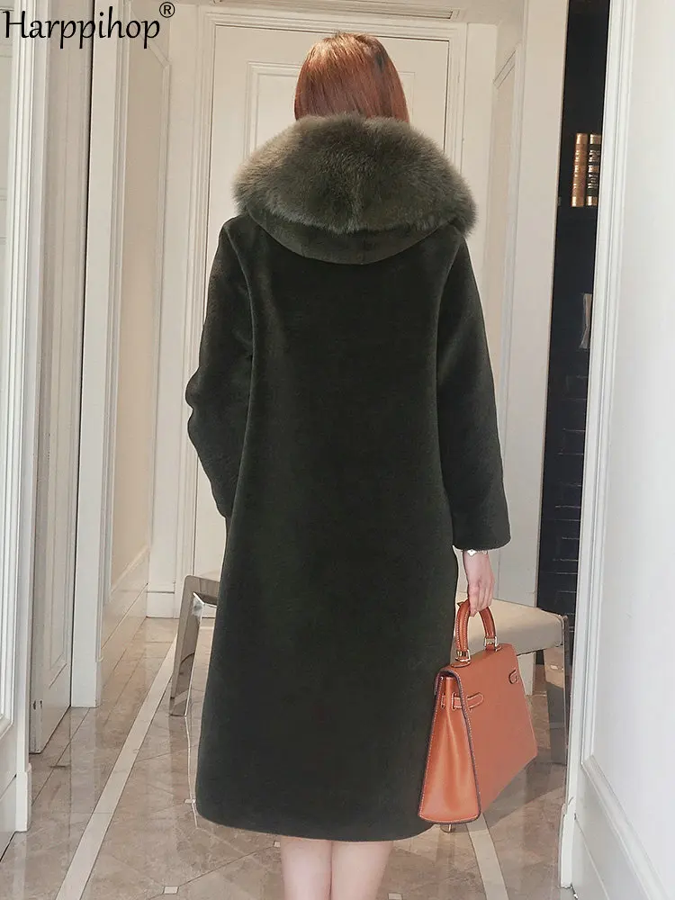 2019 new large size thick sheep shearing fur coat female long section fox fur hooded wool coat 8xl