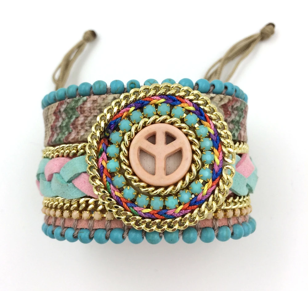 2015 New European Jewelry Suppliers leather Bangle wrap bracelet peace symbol beads bracelet  for women girl