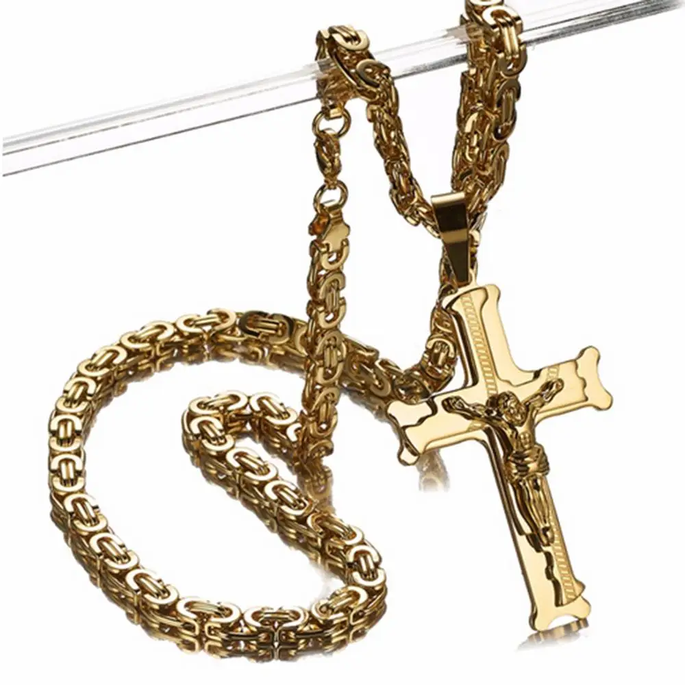 High Quality Gold Jesus Cross Men\'s Jewelry Stainless Steel Chain Byzantine Necklace Christian Crucifix Jewelry Christmas Gift